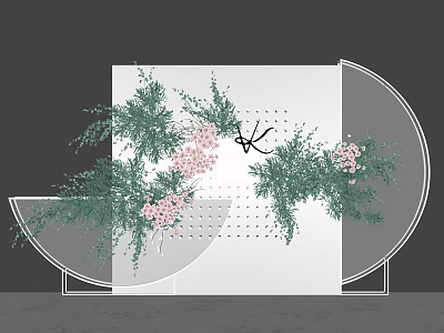 Elegant Floral Installation With White Perforated Backdrop Curved Design Green Foliage Pink Flowers 3d model