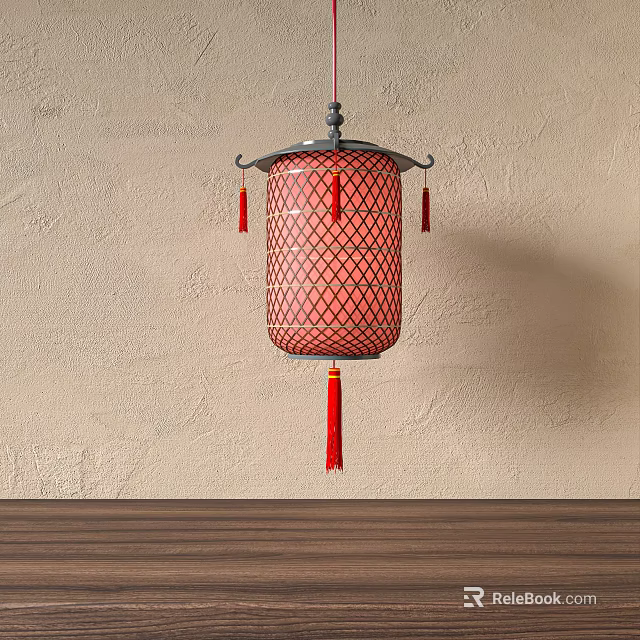 Red Mesh Chinese Lantern With Metal Frame And Tassels Hanging On Beige Wall 3d model 