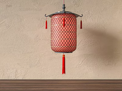 Red Mesh Chinese Lantern With Metal Frame And Tassels Hanging On Beige Wall 3d model