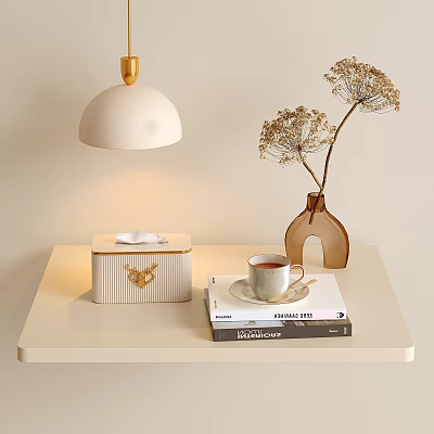 Cozy Home Essentials With White Table Lamp Brown Vase Dried Flowers Teacup And Books 3d model