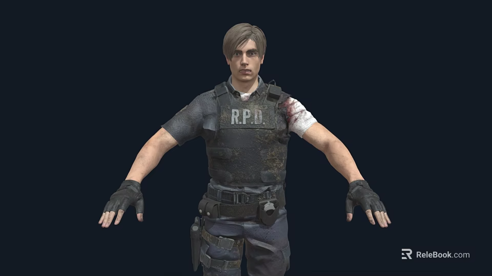 A Man in RPD Tactical Vest with Bloodstain and Black Gloves on Dark Background 3d model 