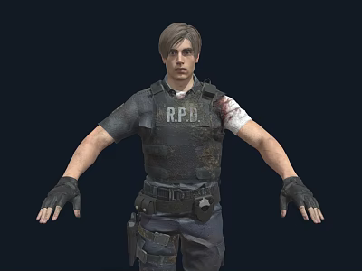 A Man in RPD Tactical Vest with Bloodstain and Black Gloves on Dark Background 3d model