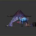 Cartoon Scene With Colorful Tent String Lights Table Chairs Rug And Camel