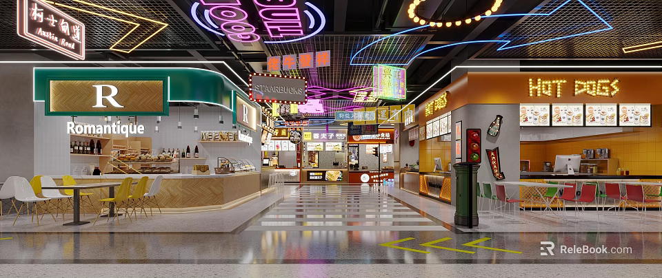 Vibrant Food Court Interior With Neon Lights Colorful Signboards And Retro Stalls 3d model 