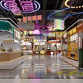 Vibrant Food Court Interior With Neon Lights Colorful Signboards And Retro Stalls