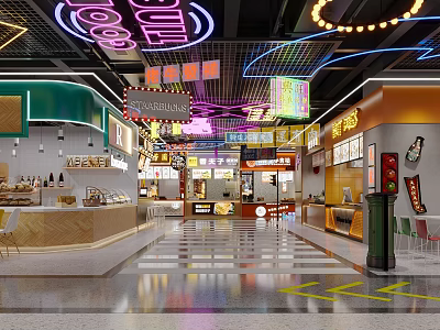 Vibrant Food Court Interior With Neon Lights Colorful Signboards And Retro Stalls 3d model