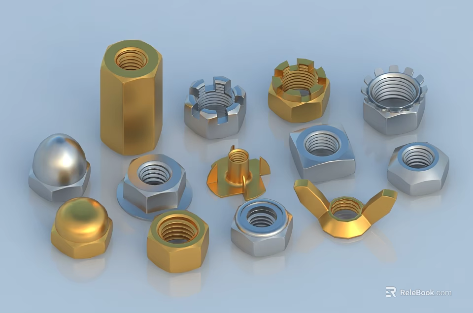 Various Types Of Metal Nuts In Gold And Silver For Hardware Tools Applications 3d model 