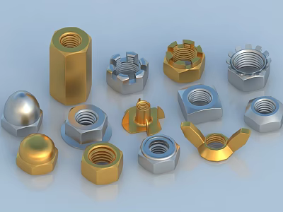 Various Types Of Metal Nuts In Gold And Silver For Hardware Tools Applications 3d model
