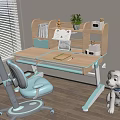 Kids Study Desk With Light Blue Chair Wooden Top Shelf And Cartoon Dog Toy