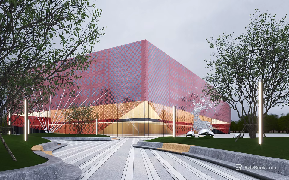 Red Modern Building With Geometric Pattern Glass Curtain Wall Entrance Trees And Pathway 3d model 