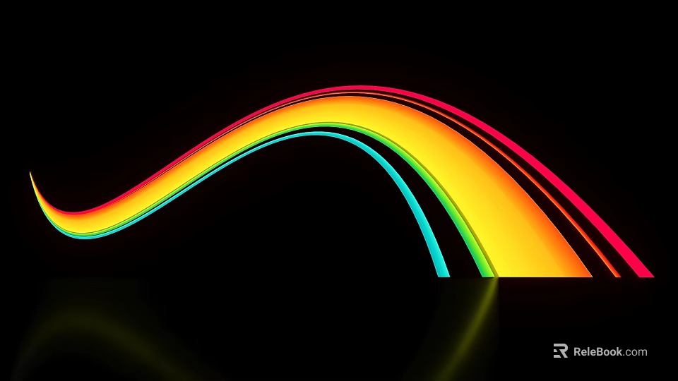 Colorful Rainbow Wavy Curved Lines Abstract Design On Black Background With Reflection 3d model 