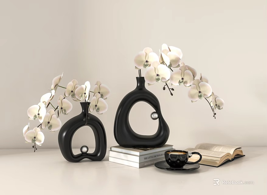Modern Black Vases With White Orchid Flowers Stack Of Books Open Book And Coffee Cup 3d model 