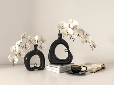 Modern Black Vases With White Orchid Flowers Stack Of Books Open Book And Coffee Cup 3d model