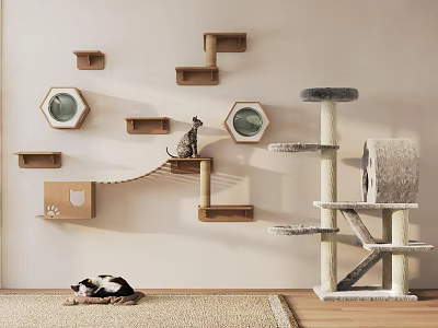 Cozy Cat Living Supplies With Wall Mounted Shelves Hexagonal Perches And Wooden Cat Tree 3d model