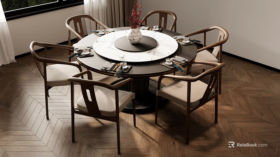 Modern Wooden Table And Chair Set With Round Tabletop And Upholstered Seats 3d model 