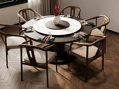 Modern Wooden Table And Chair Set With Round Tabletop And Upholstered Seats 3d model