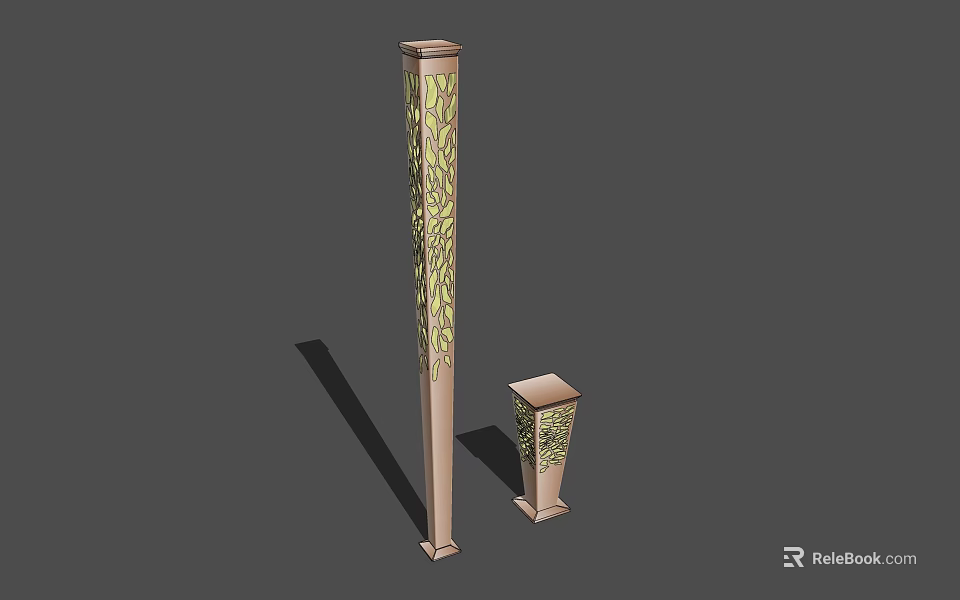 Outdoor Garden Lights Featuring Decorative Leaf Patterns On Tall And Short Lamp Posts 3d model