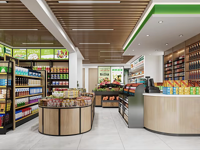Spacious Well Organized Supermarket Interior With Shelves Full Of Grocery Products And Checkout Counter 3d model