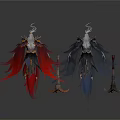 Mythical Fantasy Characters With Red Gold And Gray Blue Ornate Costumes And Weapons