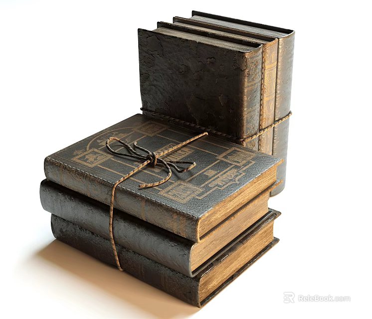 Vintage Old Books Stacked And Standing Tied With Rope Collection 3d model 