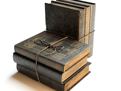 Vintage Old Books Stacked And Standing Tied With Rope Collection 3d model