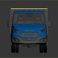 Blue Single Cab Truck With Flatbed And Yellow Light Bar On Top