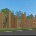 Wooden Landscape Wall With Vertical Slats Circular Decorations Lattice Grass And Trees In Blue Sky