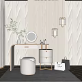 Modern White Vanity Table Design With Round Mirror Potted Plant Wall Lamps And Stool