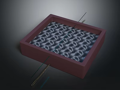 Red Square Box With Silver Ring Pattern And Metal Needles Arranged 3d model