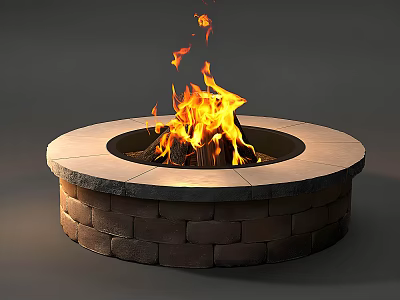 Outdoor Circular Fire Pit with Brick Base Stone Top and Burning Flames 3d model