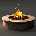 Outdoor Circular Fire Pit with Brick Base Stone Top and Burning Flames 3d model