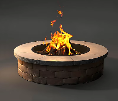 Outdoor Circular Fire Pit with Brick Base Stone Top and Burning Flames 3d model