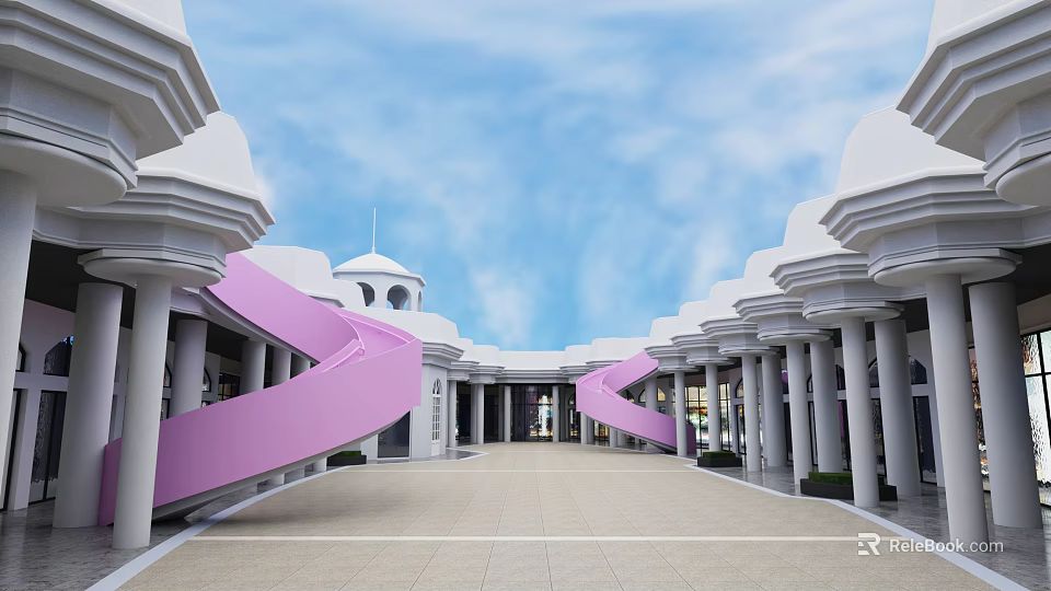 Spacious Plaza With White Buildings Pink Spiral Stairs Arched Columns Blue Sky And White Clouds 3d model 