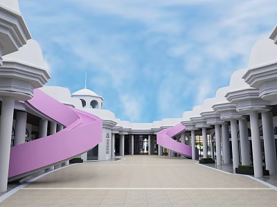 Spacious Plaza With White Buildings Pink Spiral Stairs Arched Columns Blue Sky And White Clouds 3d model