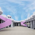 Spacious Plaza With White Buildings Pink Spiral Stairs Arched Columns Blue Sky And White Clouds