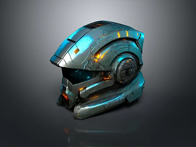 Futuristic Weapon Helmet with Metallic Shell Blue Orange Glowing Lights and Advanced Design 3d model
