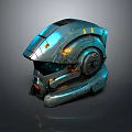 Futuristic Weapon Helmet with Metallic Shell Blue Orange Glowing Lights and Advanced Design