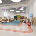 Bright Kindergarten Interior With Colorful Flooring Red Toy Car Tent And Bookshelves