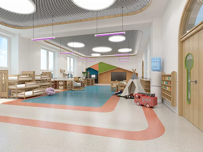 Bright Kindergarten Interior With Colorful Flooring Red Toy Car Tent And Bookshelves 3d model
