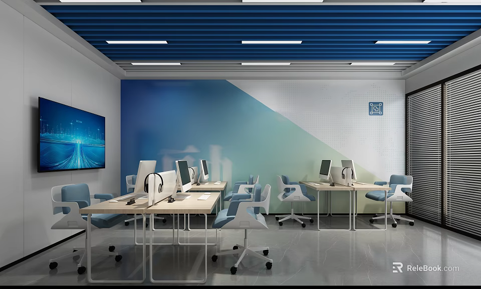 School Modern Classroom With Blue Ceiling White Walls Blue Gradient Decoration And Computers On Desks 3d model 