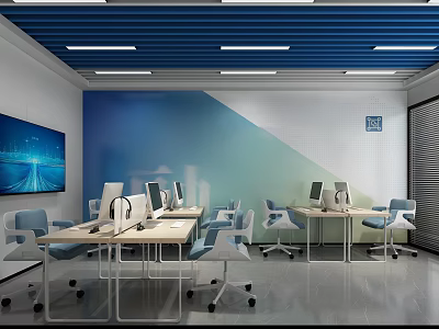 School Modern Classroom With Blue Ceiling White Walls Blue Gradient Decoration And Computers On Desks 3d model