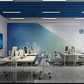 School Modern Classroom With Blue Ceiling White Walls Blue Gradient Decoration And Computers On Desks