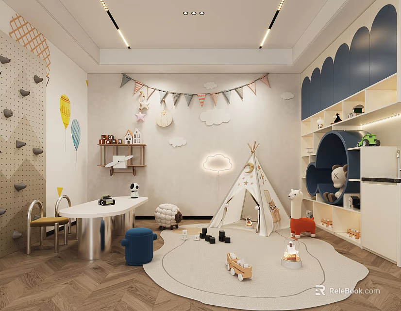 Modern Kids Entertainment Room With Teepee And Rock Climbing Wall 3d model 