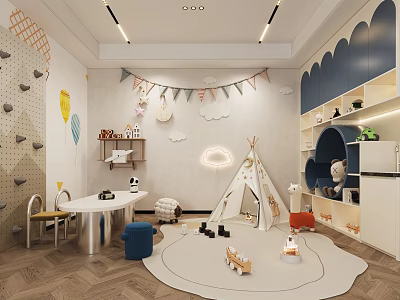 Modern Kids Entertainment Room With Teepee And Rock Climbing Wall 3d model
