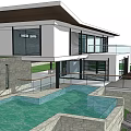Modern Detached Villa with Large Glass Windows Swimming Pool and Waterfront Lawn
