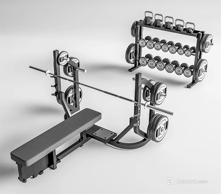 Complete Gym Equipment Set With Weight Bench Barbell Dumbbells And Dumbbell Rack 3d model 