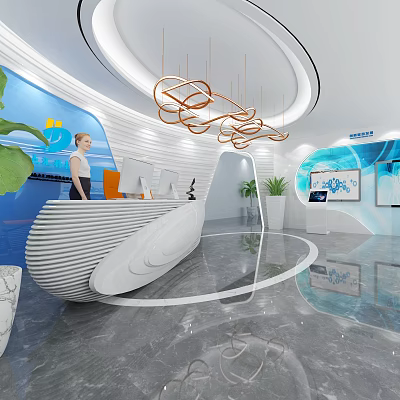 Modern Reception Area Design With Curved Desk Hanging Copper Lights And Blue Green Wall Art 3d model