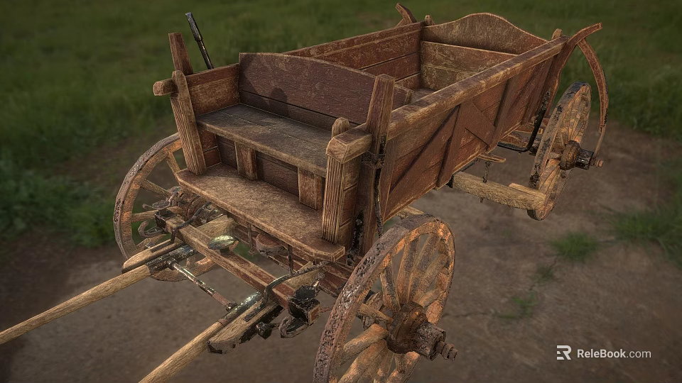 Old Wooden Horse-Drawn Wagon With Large Wheels And Wooden Seat On Grassy Ground 3d model 