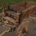 Old Wooden Horse-Drawn Wagon With Large Wheels And Wooden Seat On Grassy Ground
