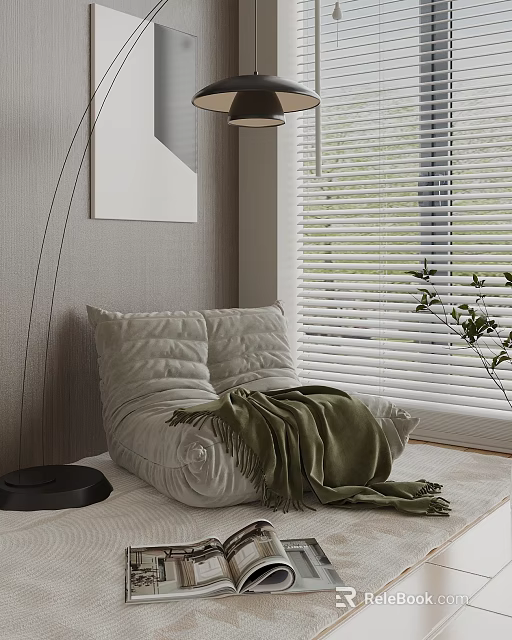 Soft Light Gray Bean Bag Chair with Green Blanket near Window Blinds in Modern Room 3d model 